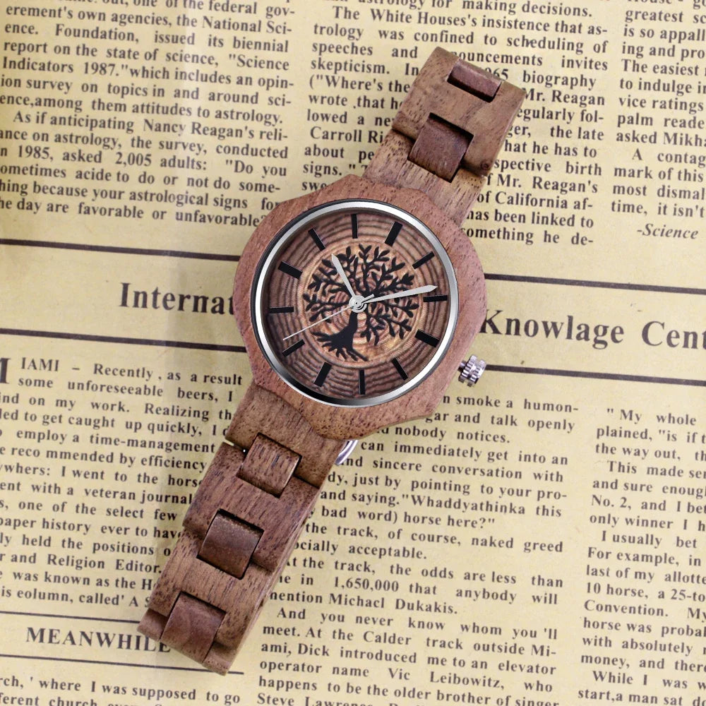 Haute tree-of-life wood quartz watch feather-light folding buckle wooden strap sophisticated business timepiece for men