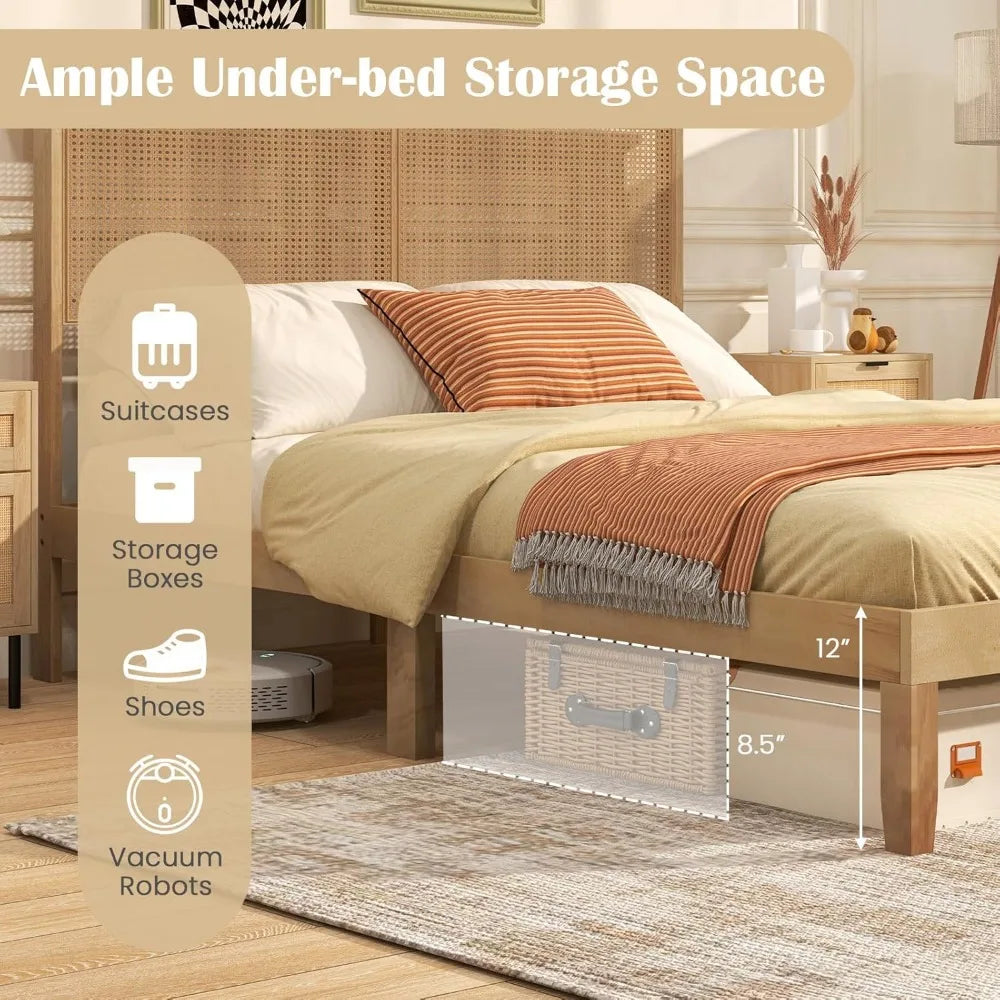 Giantex queen size rattan bed frame with headboard boho solid wood platform wooden slats 12 inch que - natural / united