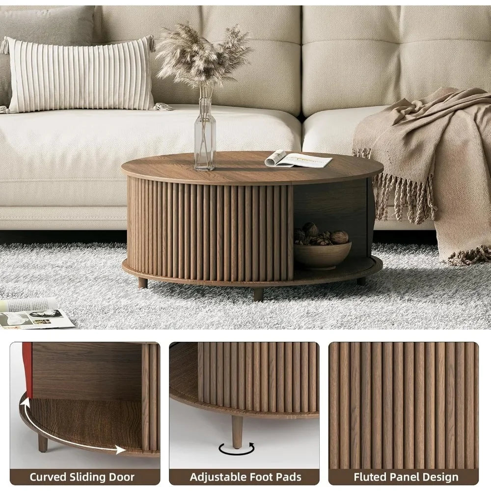 Round coffee table with storage,mid century modern sliding cabinet door,wood for living room