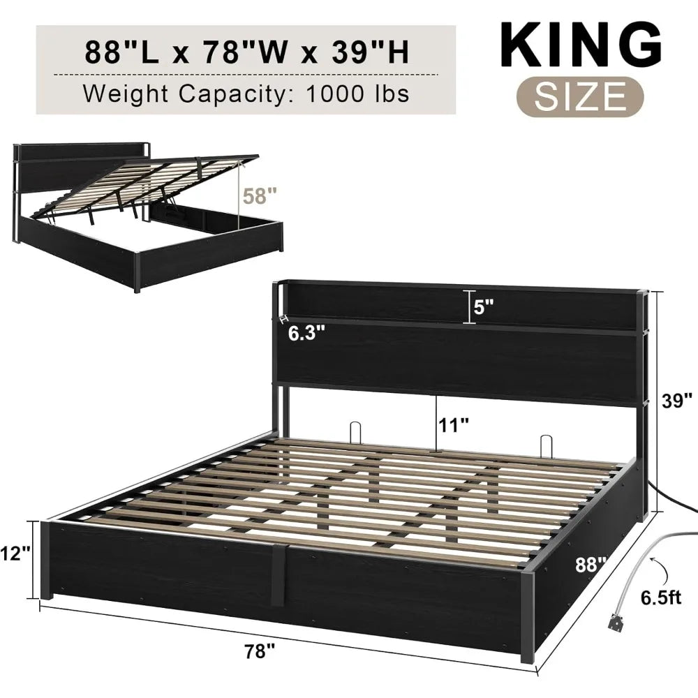 Amerlife king size lift up storage bed frame wooden platform with lifting & charging station no spring box n - united