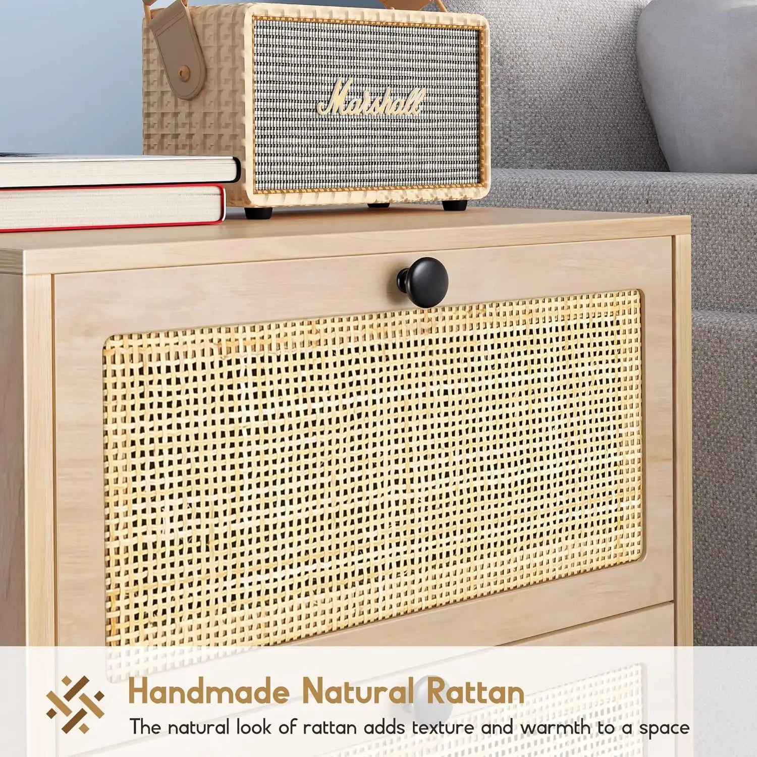 Natural rattan nightstand set of 2 boho night stand with drawers bedside table accent cane end side for bedroom l