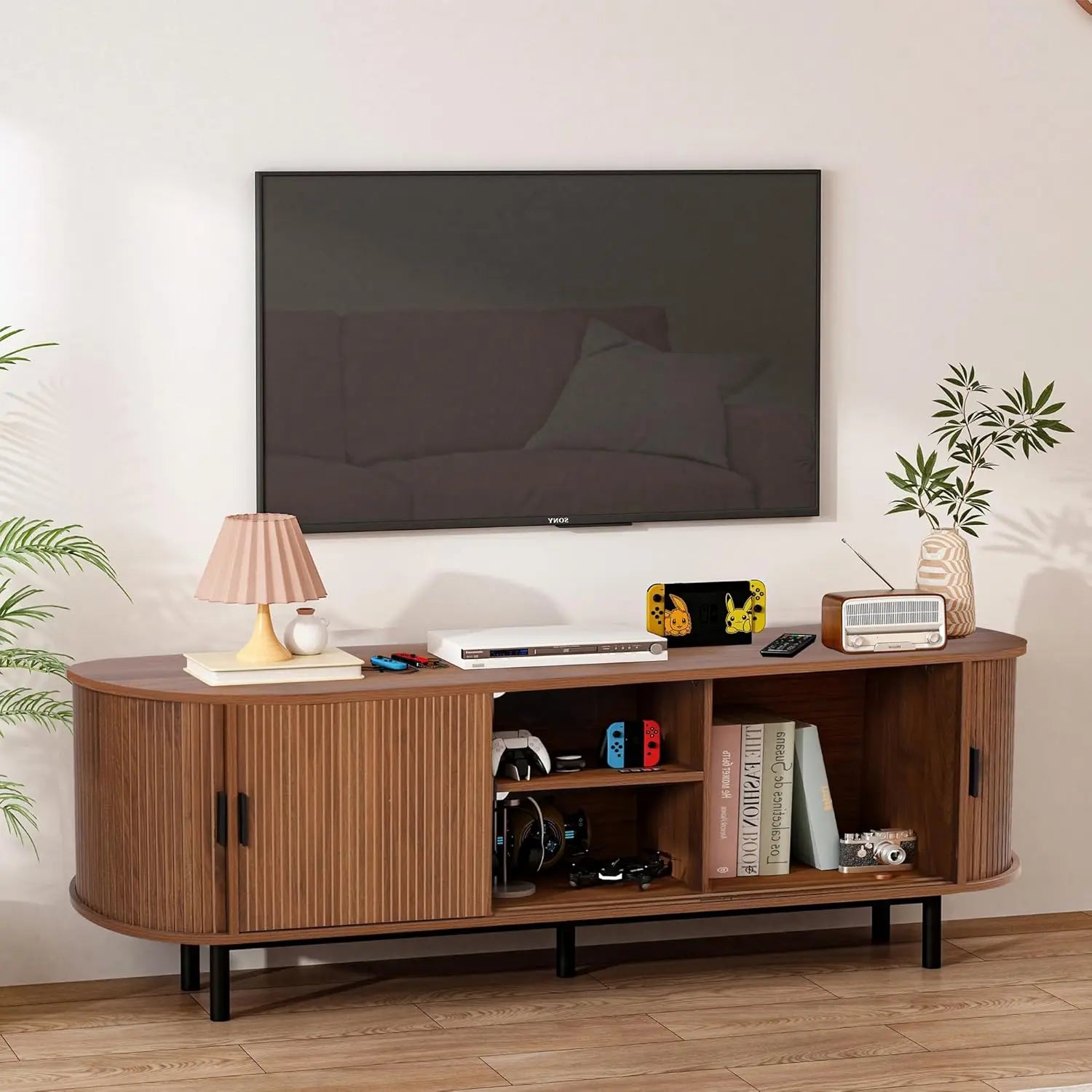 62’’ tambour door tv stand,wood mid century modern cabinet for up to 70“ tv,curved edge long stand with storage