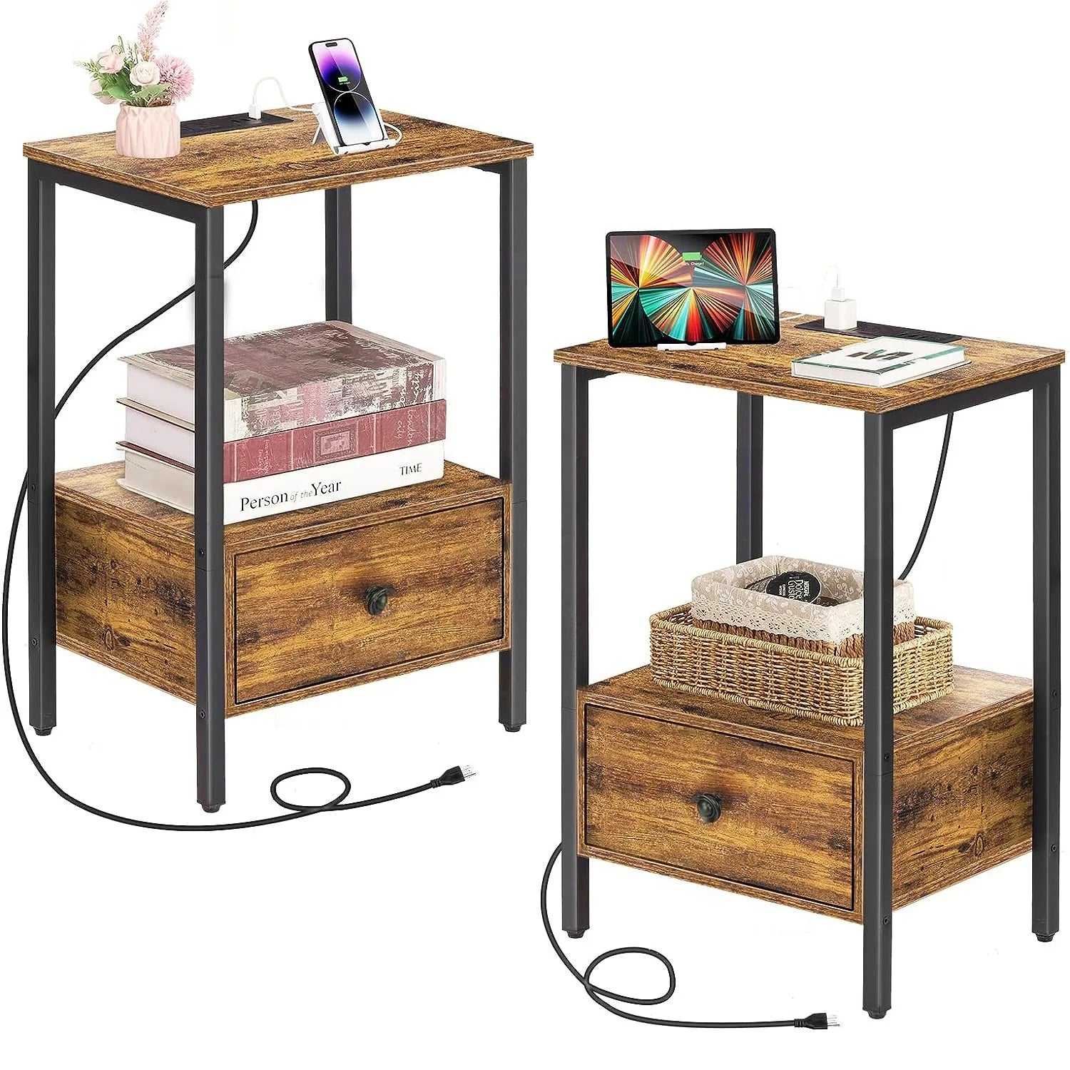 Set of 2 nightstand with usb ports & power outlets,narrow end table drawer,bedside tables for bedroom,living room