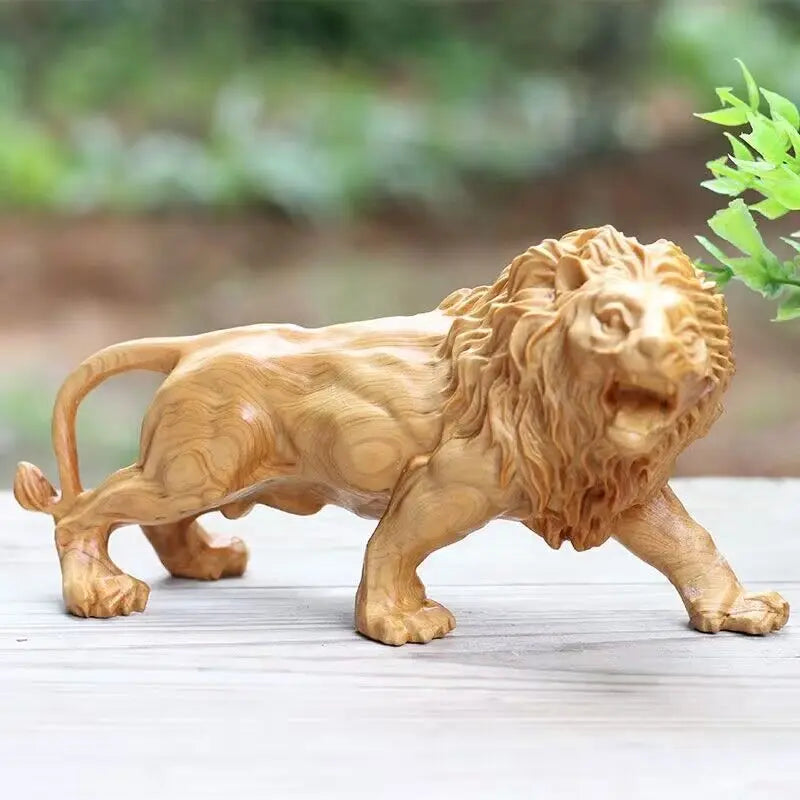 Natural cypress wood lion statue solid hand-carved animal sculpture home room office decoration artwork the perfect
