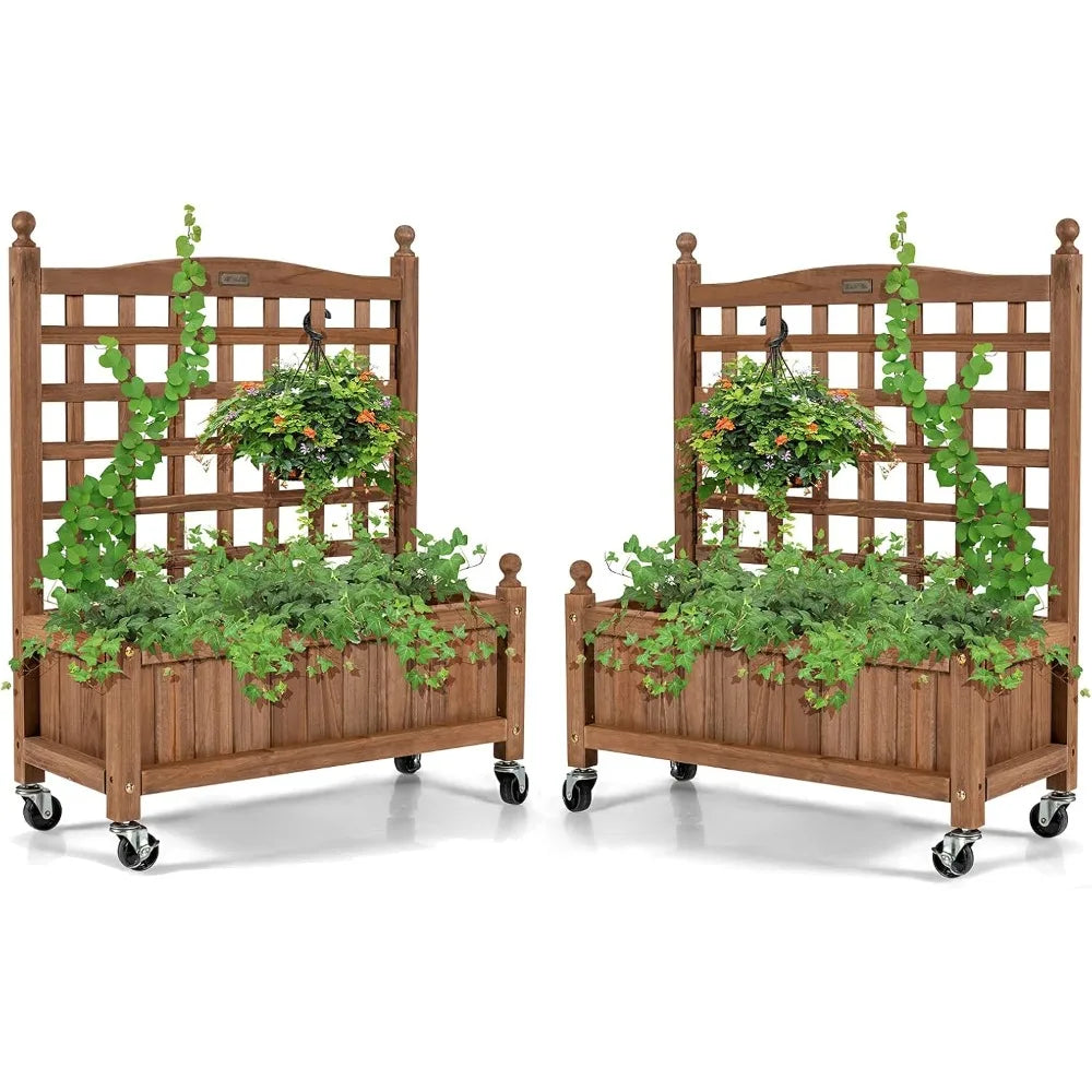 Giantex set of 2 mobile plant raised bed wood planter with lattice trellis and wheels flower box for climbing vertical