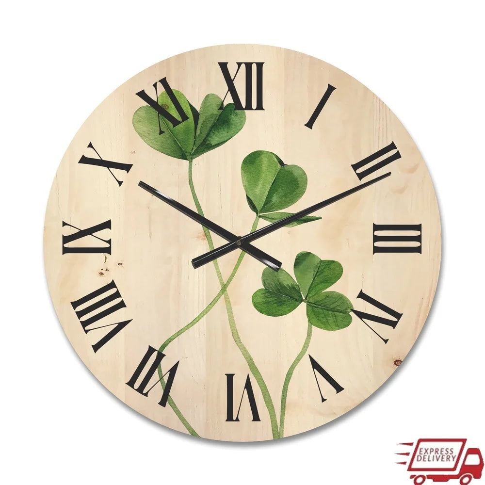 Farmhouse wood wall clock field green clover print natural pine art ready to hang unique design home office decor