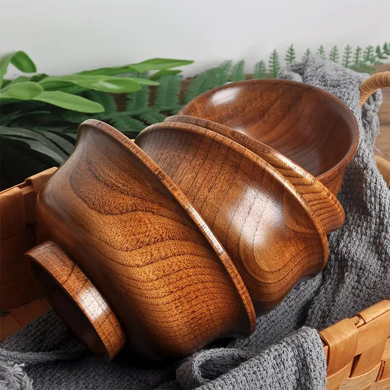 Natural wood bowl set wooden salad ramen bowl,anti edge high foot milk tea restaurant creative anti scald 15cm