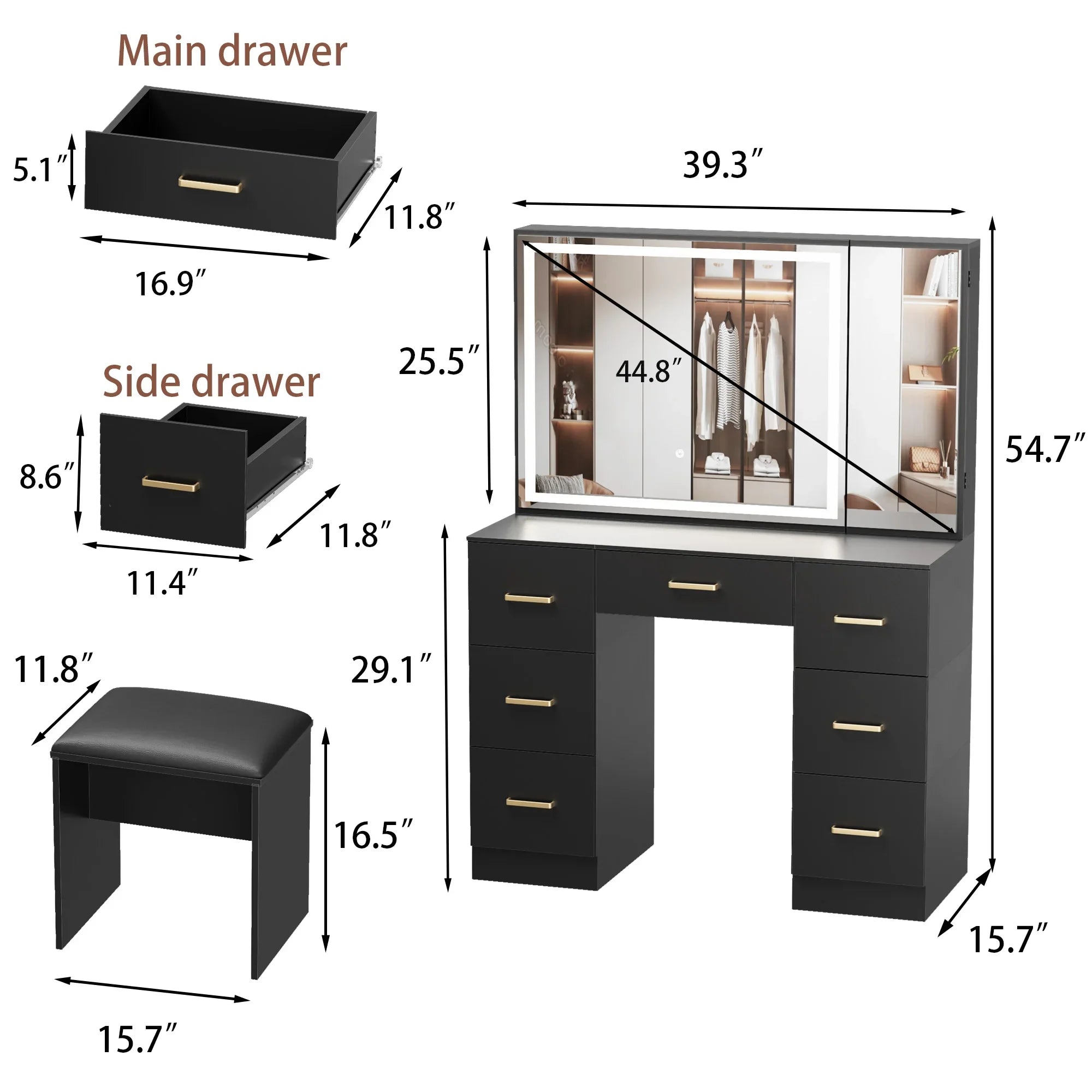 Wooden dressing table with stool/7 drawers/mirror/adjustable brightness suitable for makeup bedroom home room - united