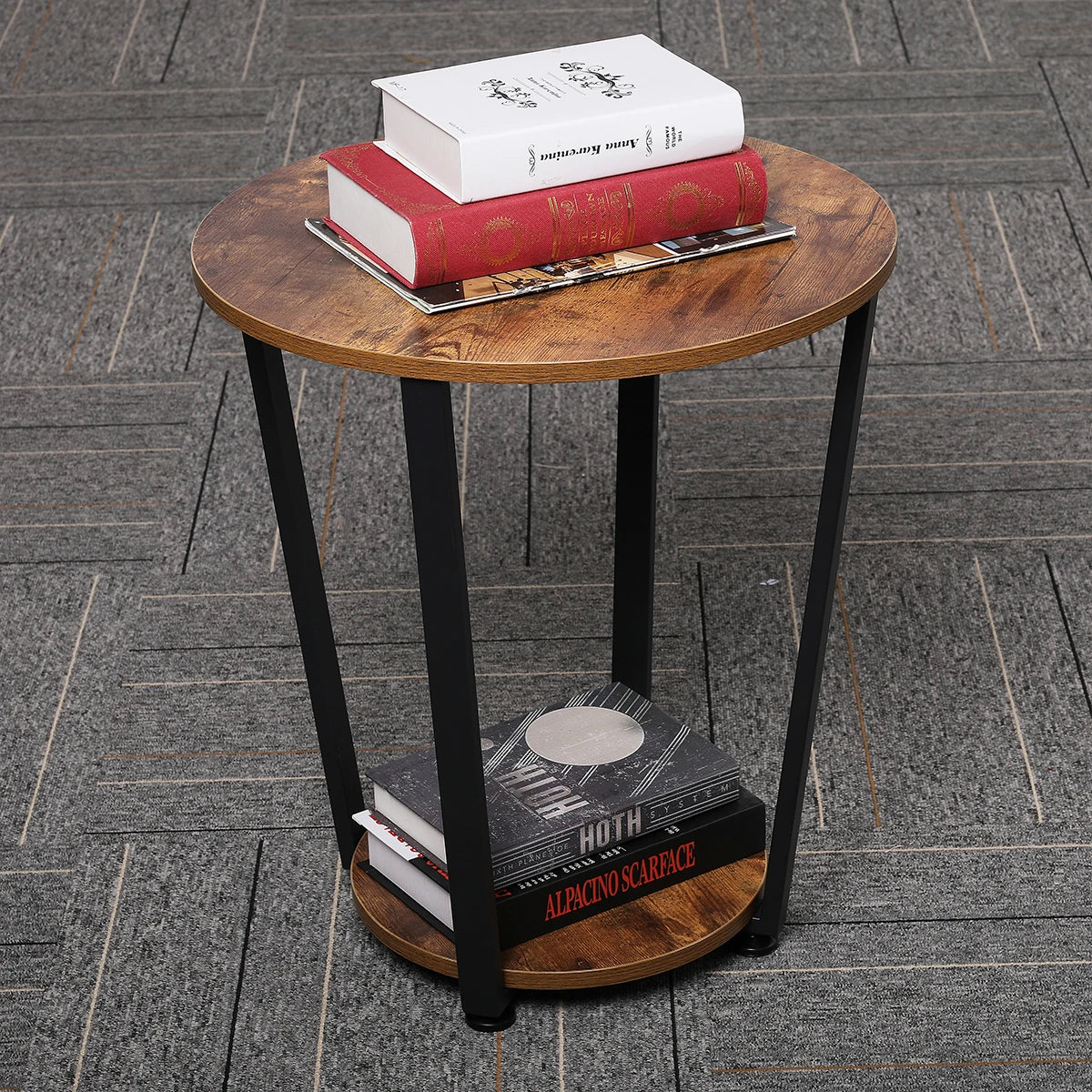 Round end tables small side table walnut color metal frame black tall storage for bed room coffee tea - united states