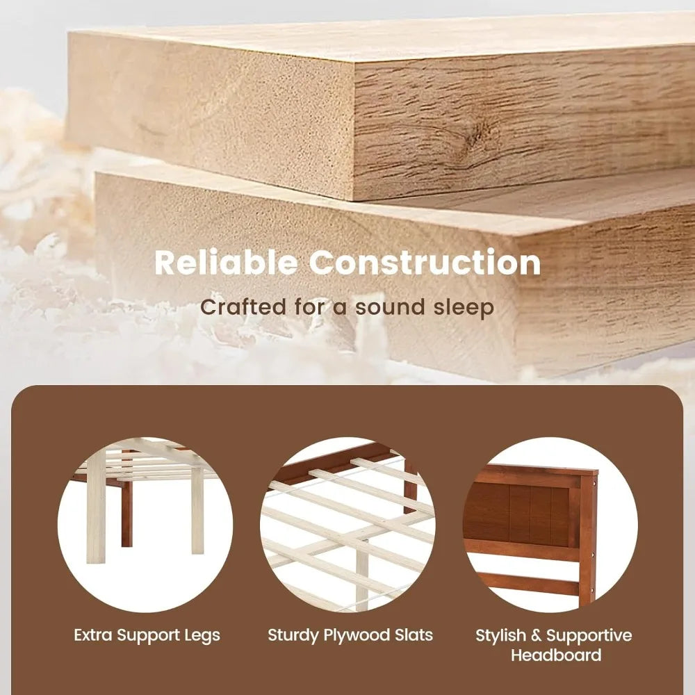 Full size wood platform bed with headboard mid century solid slat support double frame