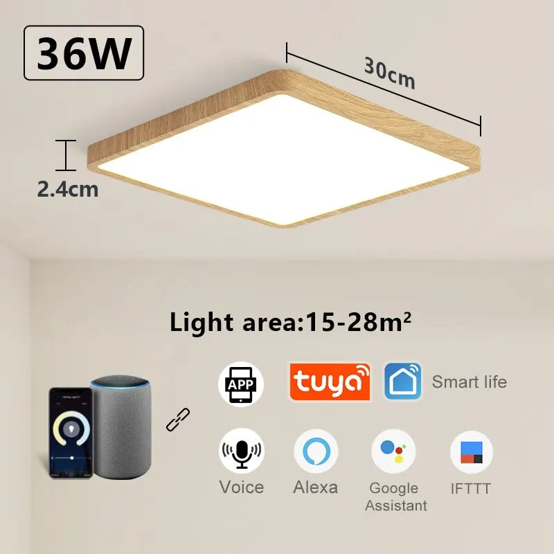Tuya smart ceiling lamp 36w wood grain square design led light with alexa google voice control for home - tuya