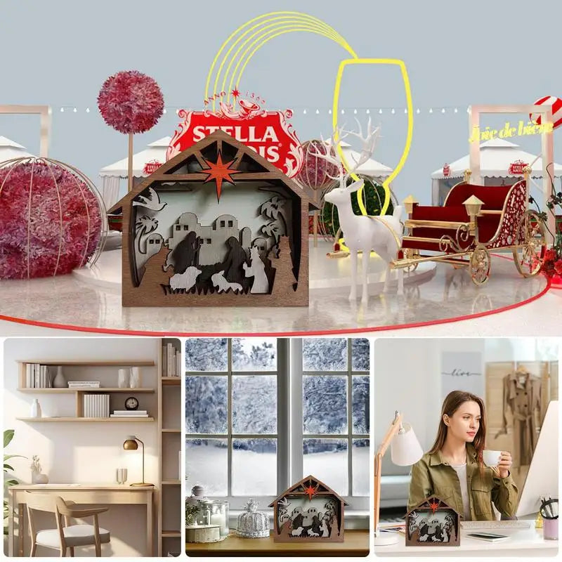 Christmas nativity wooden statue tabletop 3d seasonal decoration photography props indoor - decorative