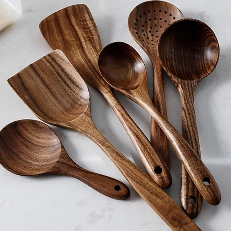 4pcs wooden cooking spoons natural wooden kitchen tableware tool soup spoon colander spoon spatula thin or fork utensils