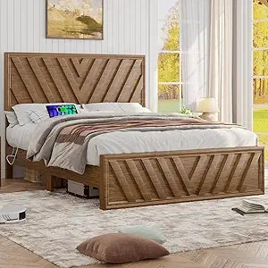 Full bed with adjustable headboard farmhouse platform wood led light and charging station diagonal line & rustic brow