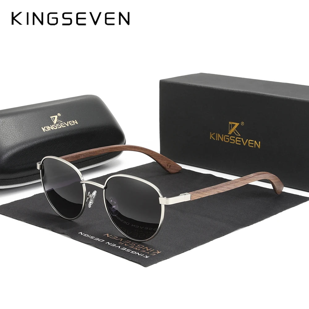Kingseven round new sunglasses wooden polarized uv400 protect glasses hd tac lens for men women handmade gift eyewear