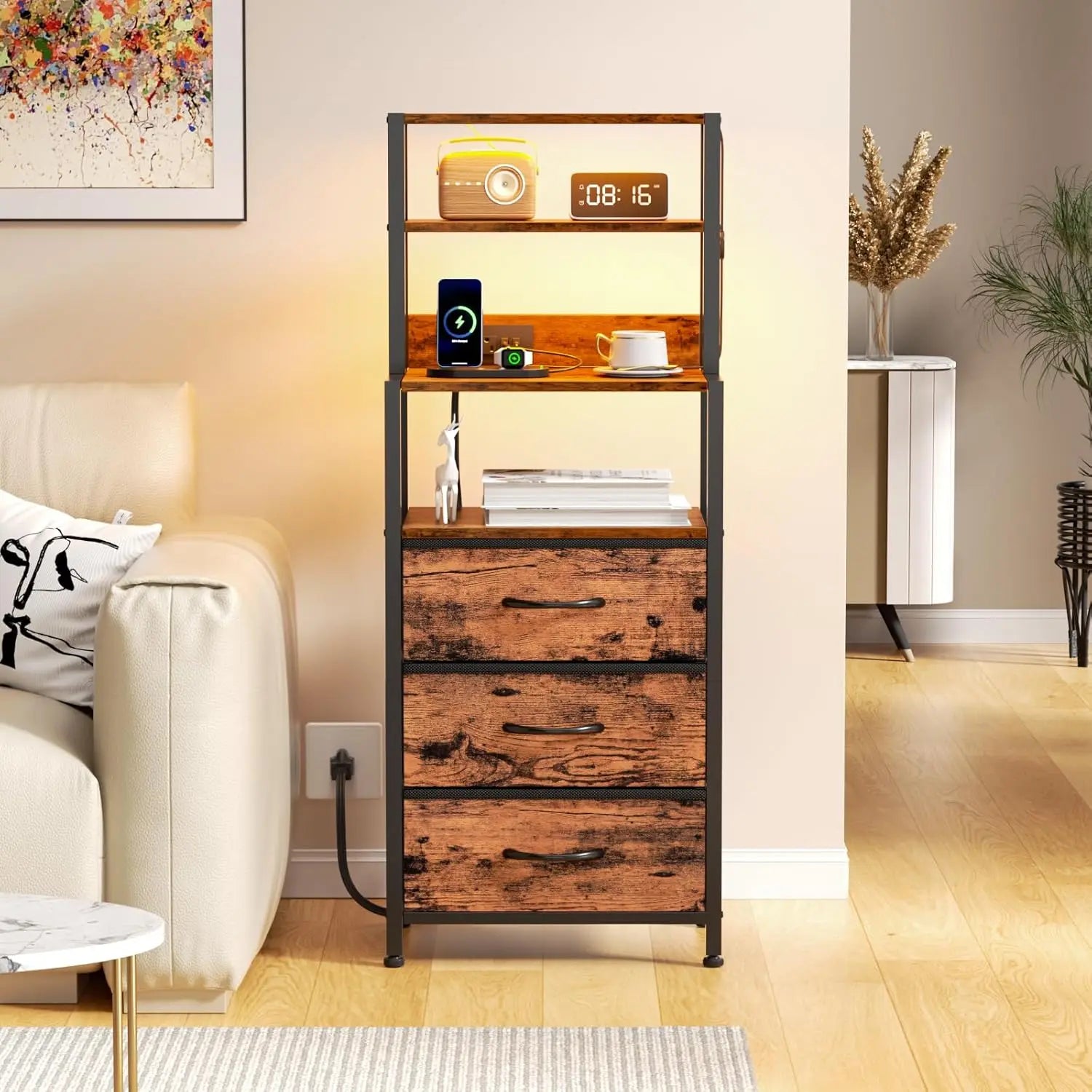 Night stand tall nightstand with 4-tier shelves and 3 fabric drawers led bed side tables charging station bedside table