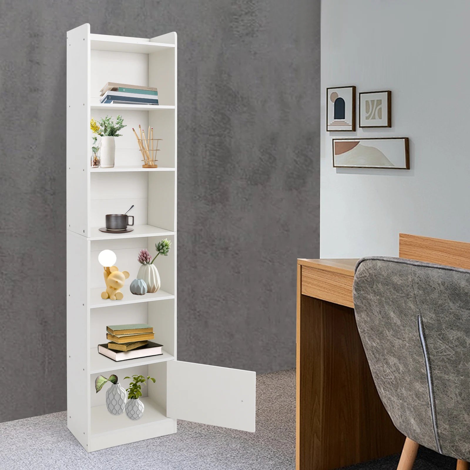 Small narrow corner bookcase - 71.26’’ tall free standing gap storage cabinet 6 tiers open shelves tower rack with door