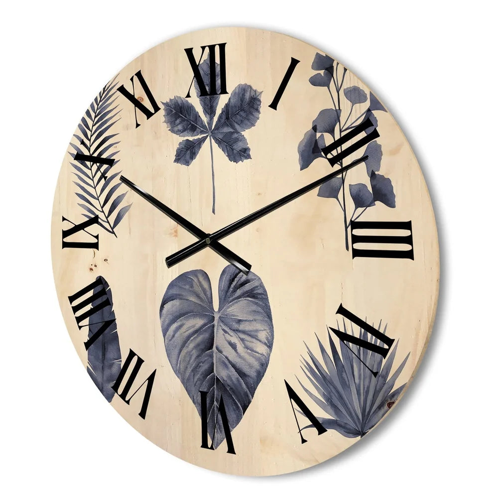 Traditional wood wall clock abstract plant leaves blue art ready to hang unique design home office decor battery
