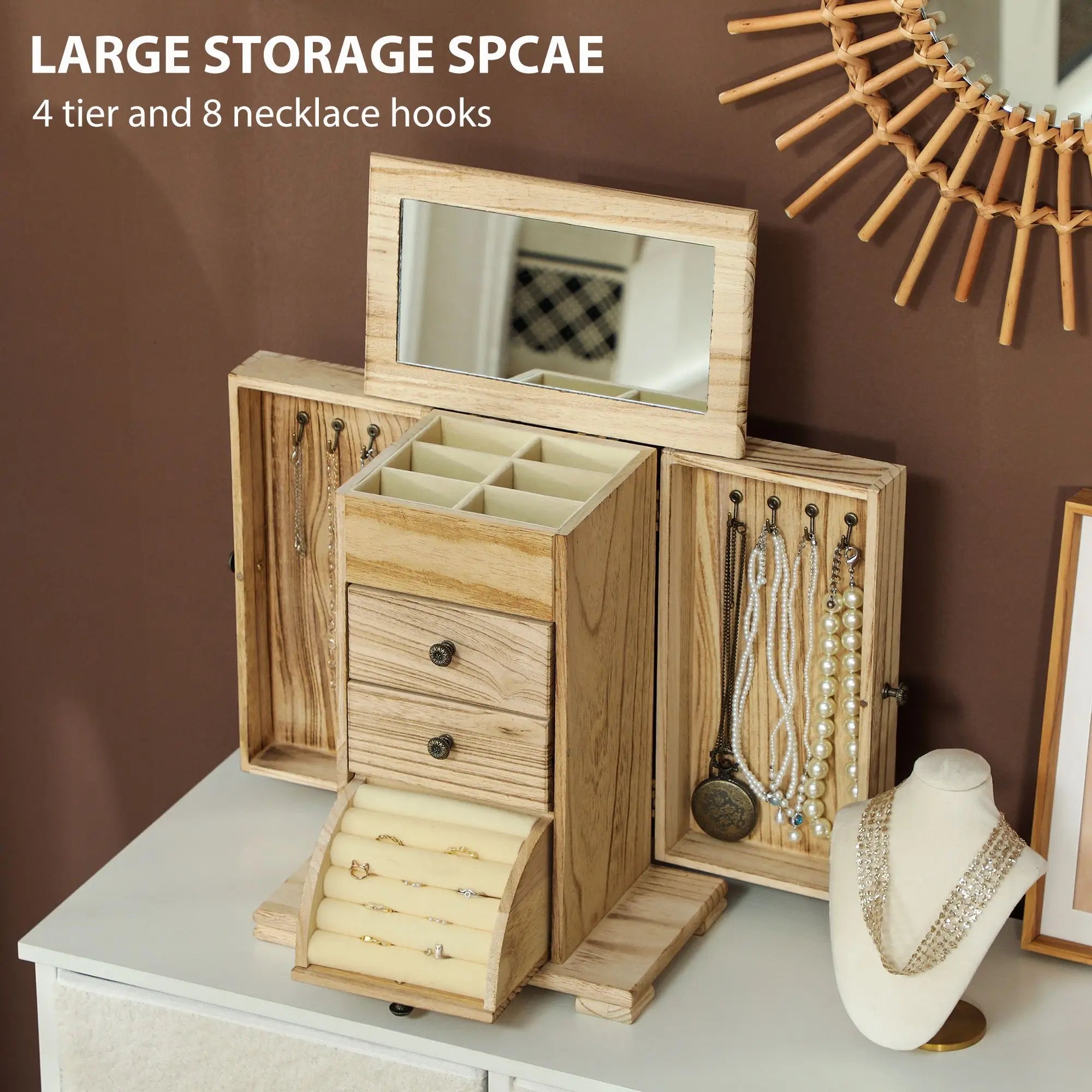 For 4-tier wooden jewelry box for women organizer with mirror and 2 drawers rings earrings necklaces brown - united