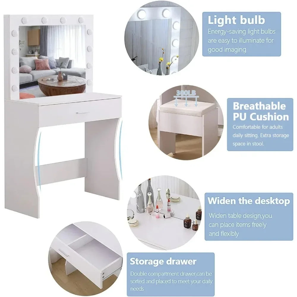 Vanity table set with lighted mirror - makeup lights adjustable brightness large drawer sturdy wood white - united