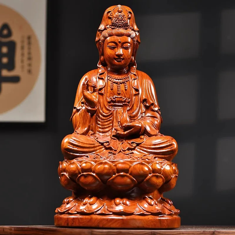 Solid wood carving lotus guanyin statue，safflower pear， black sandalwood wooden buddha statue home feng shui decoration