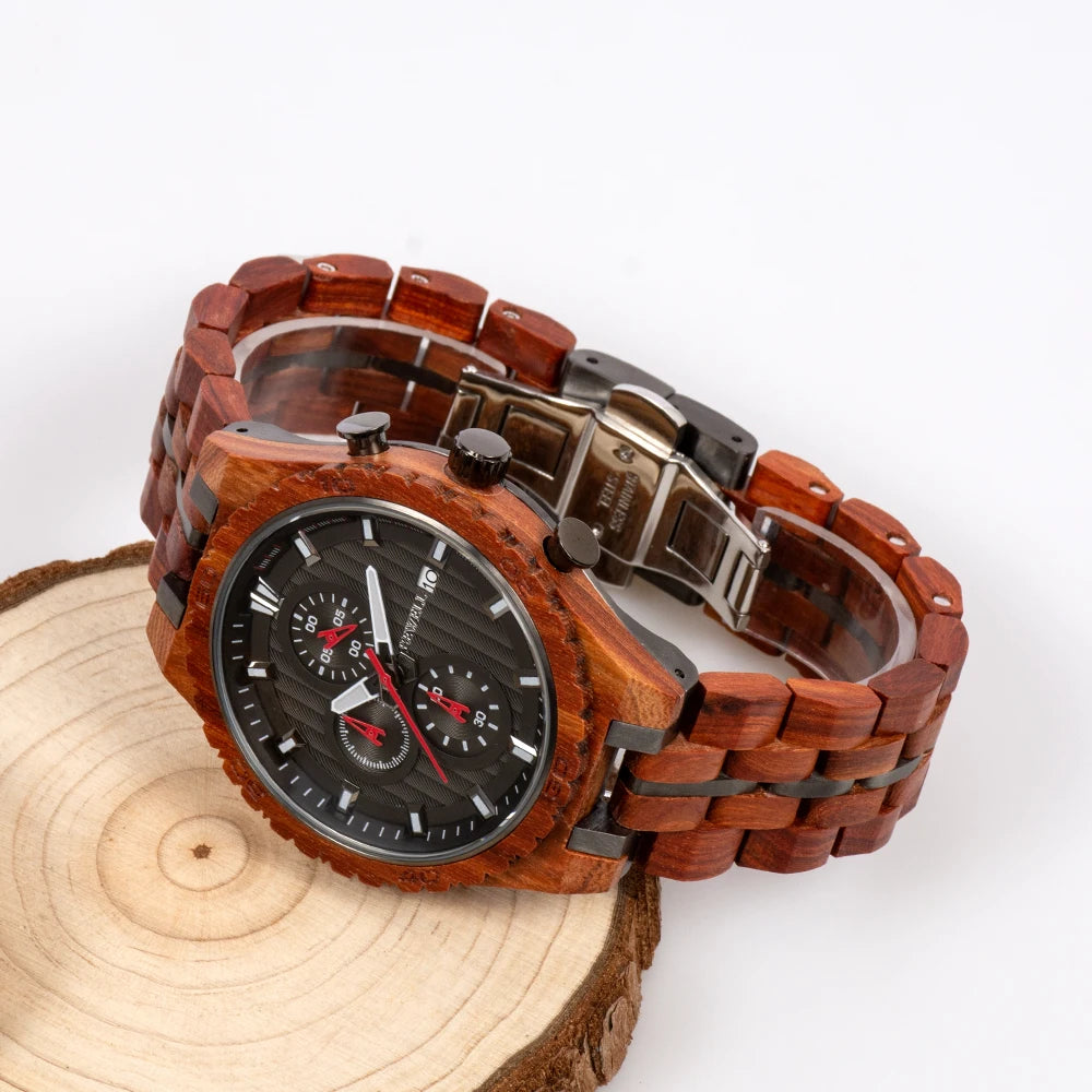 Premium stainless steel with wooden quartz men’s business watch multi-functional high-end fashion accessory