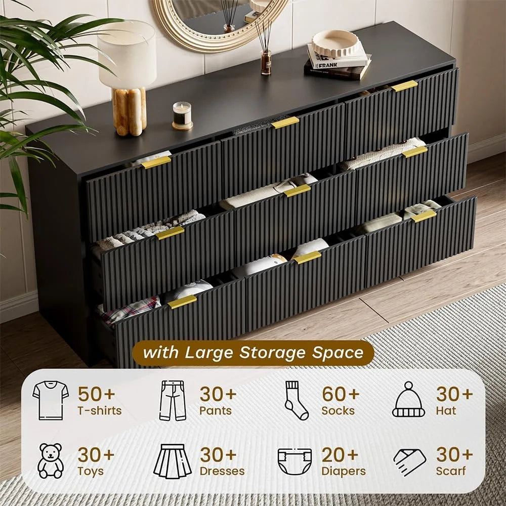 Black dresser for bedroom 9 drawer double modern chest of drawers living room entryway and closet 63’’ l