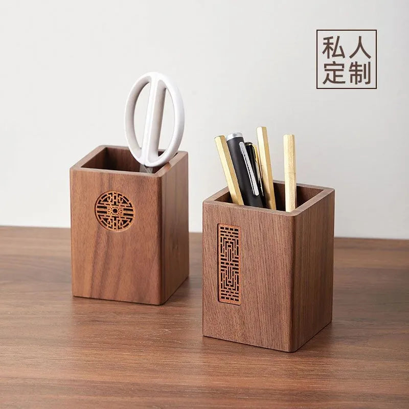 1pcs solid wood multifunctional pen holder - retro desktop organizer with engraving office storage box for pencils