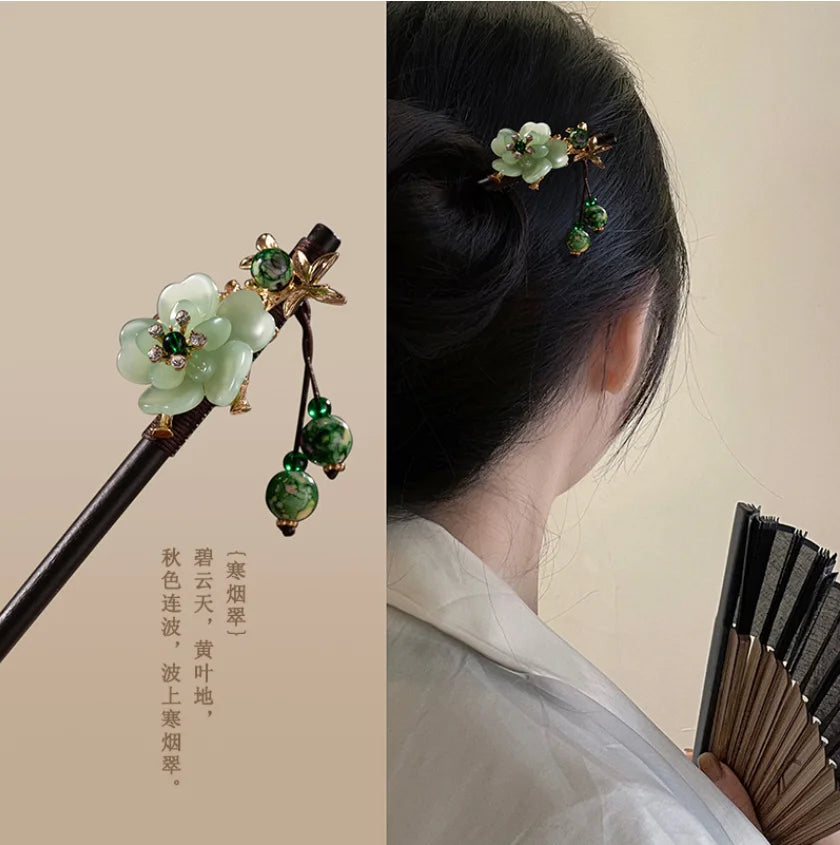 Wood tassel step shaking hairpin chopstick hair stick ancient ornament pan headdress flower styling accessories gifts