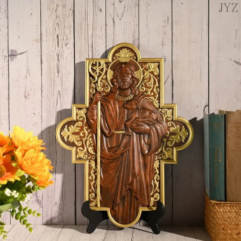 Wood carving jesus shepherd icon sculpture,plaque catholic home wall decor - religious (christian)