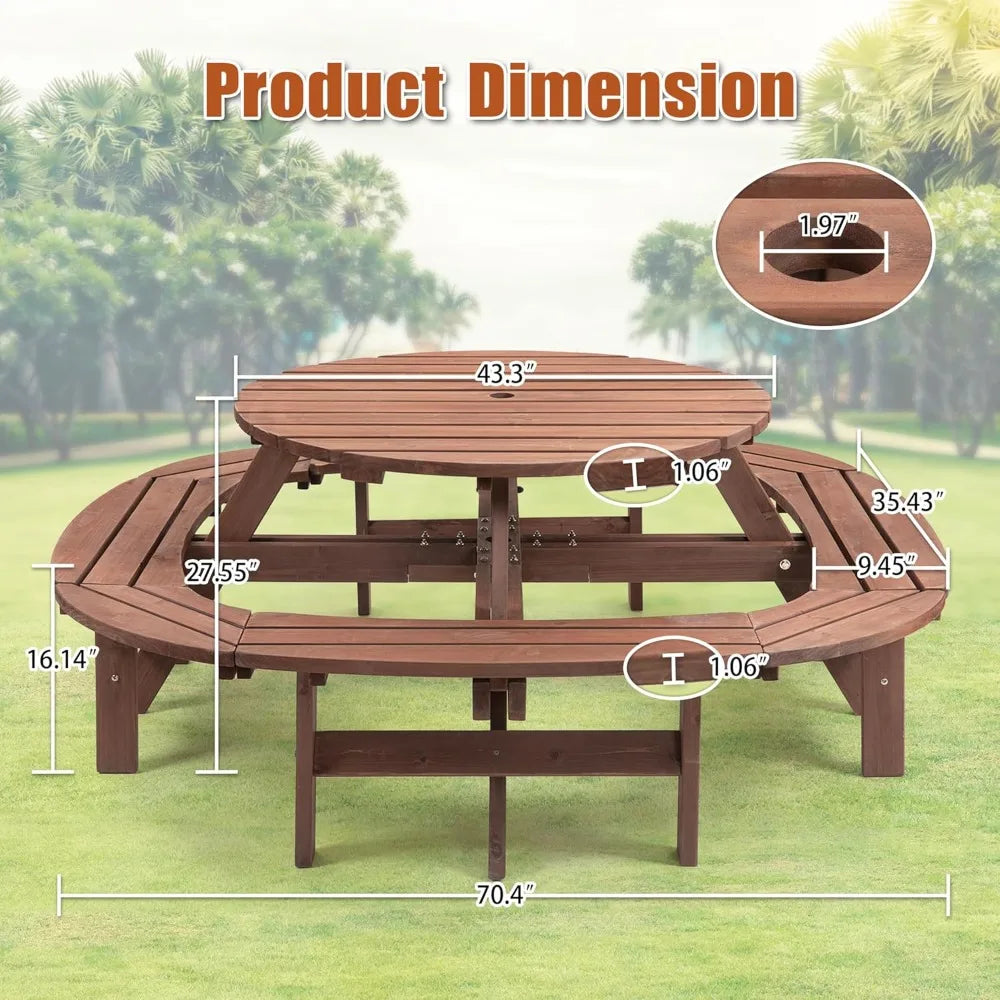 10-person solid wood picnic table outdoor round and bench set with umbrella hole outside wooden chairs s