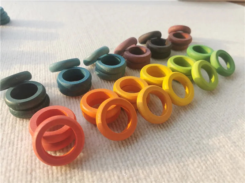 Kids wooden toys beech rainbow coins and rings stacking blocks with peg dolls loose parts - matte rings 36 - game