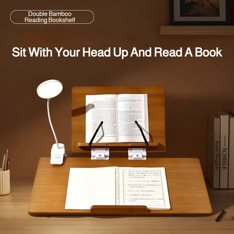 Solid wood reading rack foldable with elastic page clips book stand adjustable 360° rotating base laptop holder