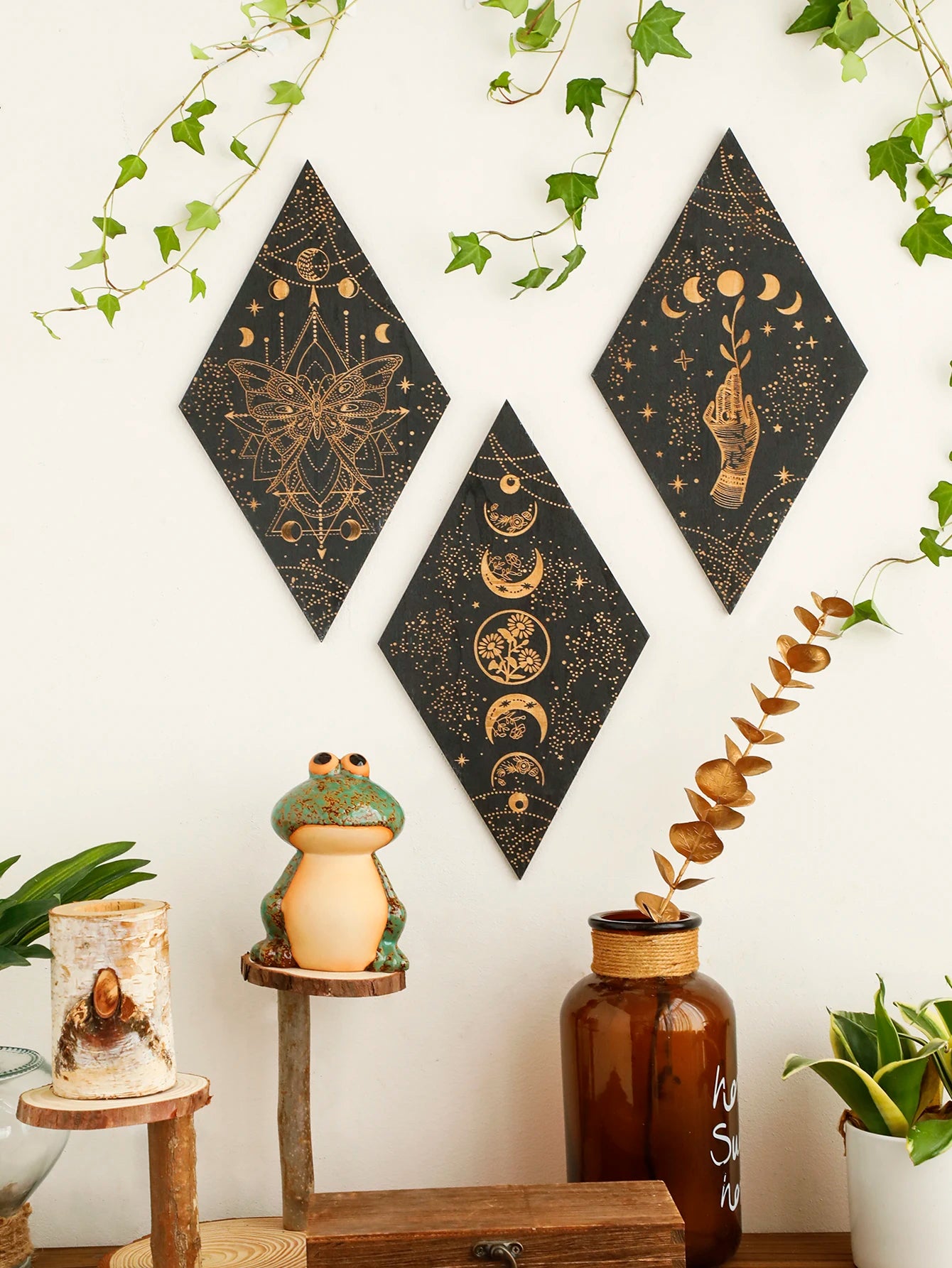 Black moon phase wooden wall decor rhomboid witch hanging art boho home decoration room decors aesthetic gift