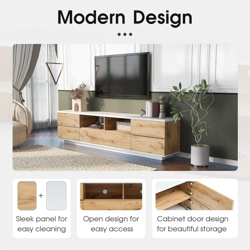 Modern tv stand with 6 cabinets & 2 open storage space mordern wood entertainment center for tvs up to 80” sturdy