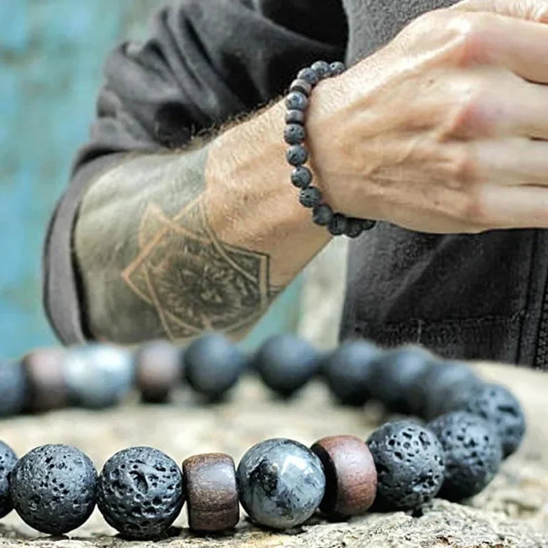 8mm volcanic stone bracelet for men lava wooden beads tibetan buddha male wrist chain jewelry handmade elastic