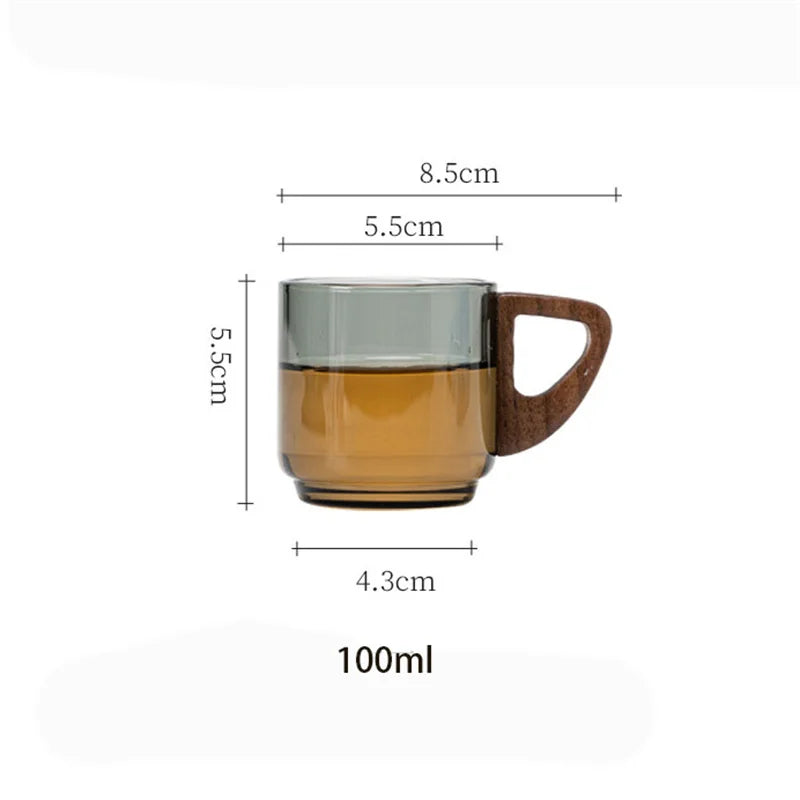 6pcs/lot 100ml small glass cup with wooden handle heat resistant espresso coffee cups tea water tasting kung fu set