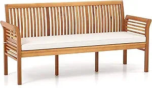 62.5’’ outdoor bench acacia wood - 3-person patio w/backrest armrests & removable seat cushion slatted wooden garden