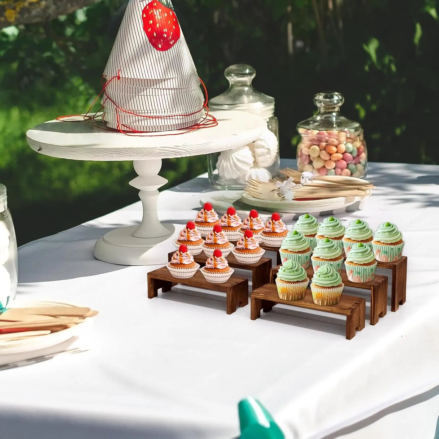 Display wood risers wooden stand 3 tier racks decorative rectangular 2 set 6 piece cupcake stands cologne perfume