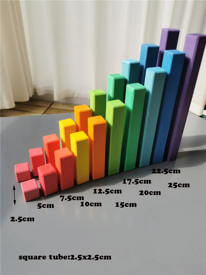 Large wooden building blocks set rainbow stacking counting timber square construction tube toys for kids educational