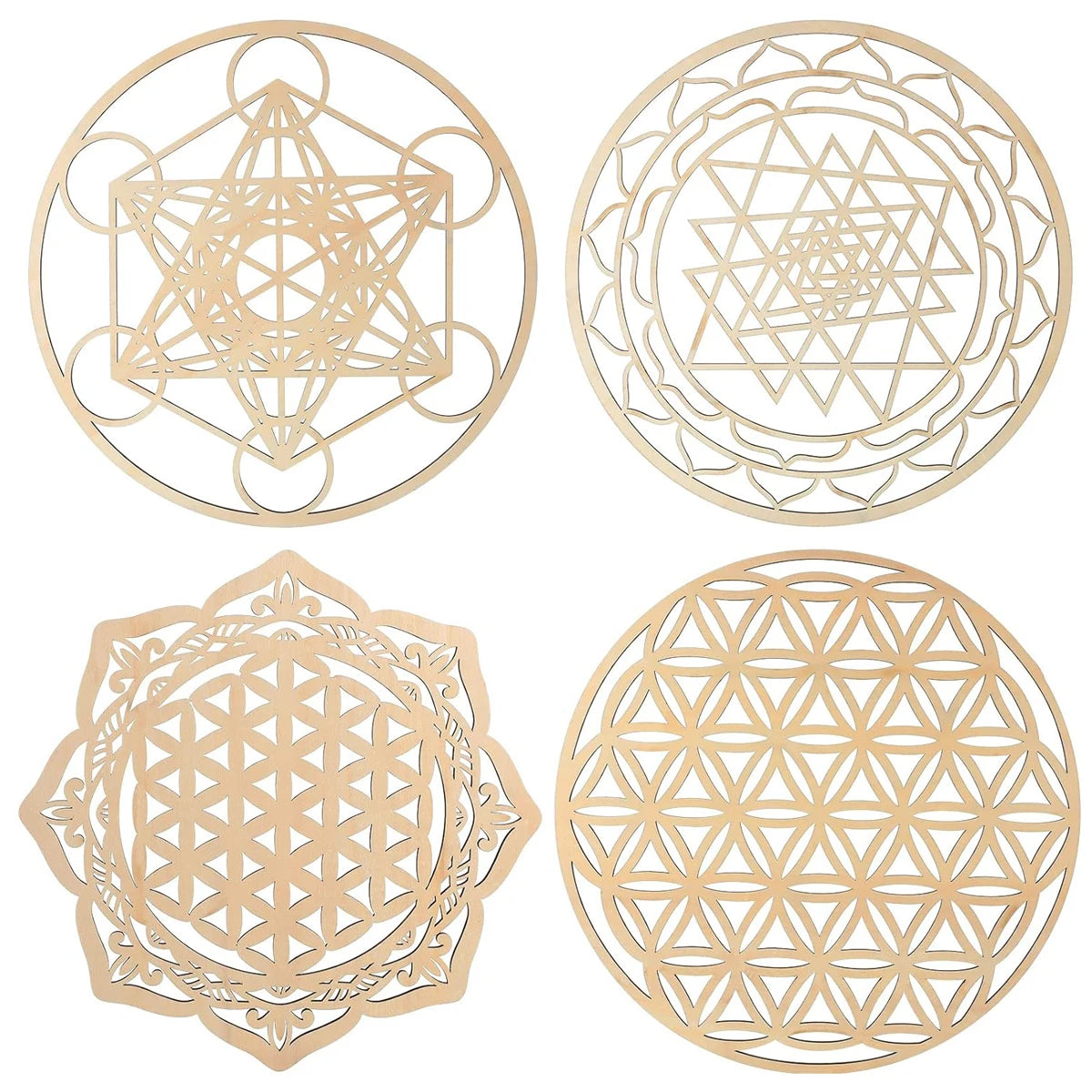 4 pieces 12 inch sacred geometry wall art meditation decor wooden crystal grid board include metatron’s cube flower