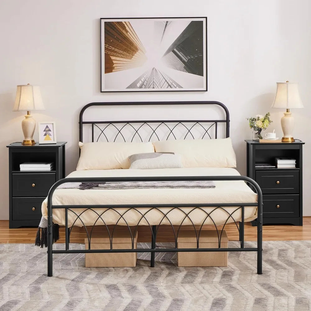 Nightstand set of 2 wooden bedside tables with drawer and cubby 2pcs tall for bedroom small space