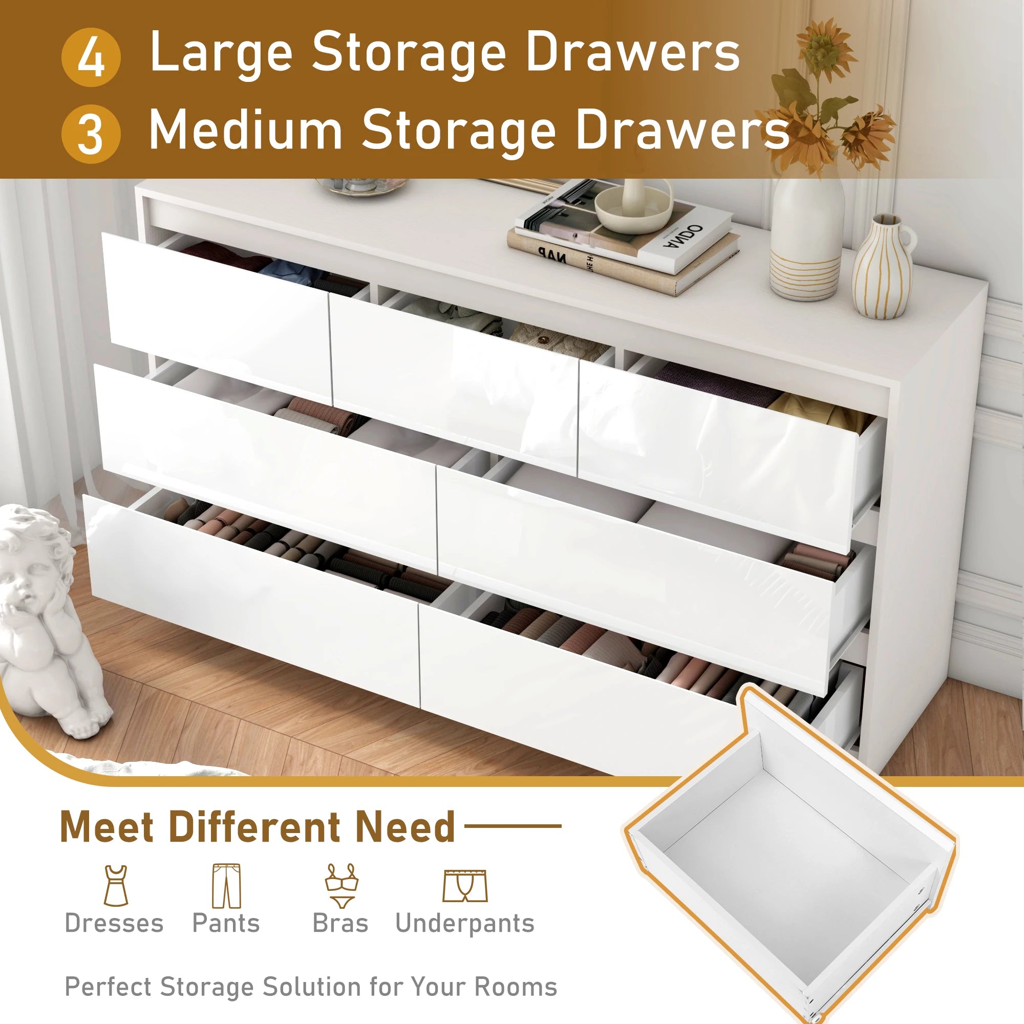 7 drawer dresser for bedroom 55 inch modern with high gloss drawers large wood chest of white/black - black / united
