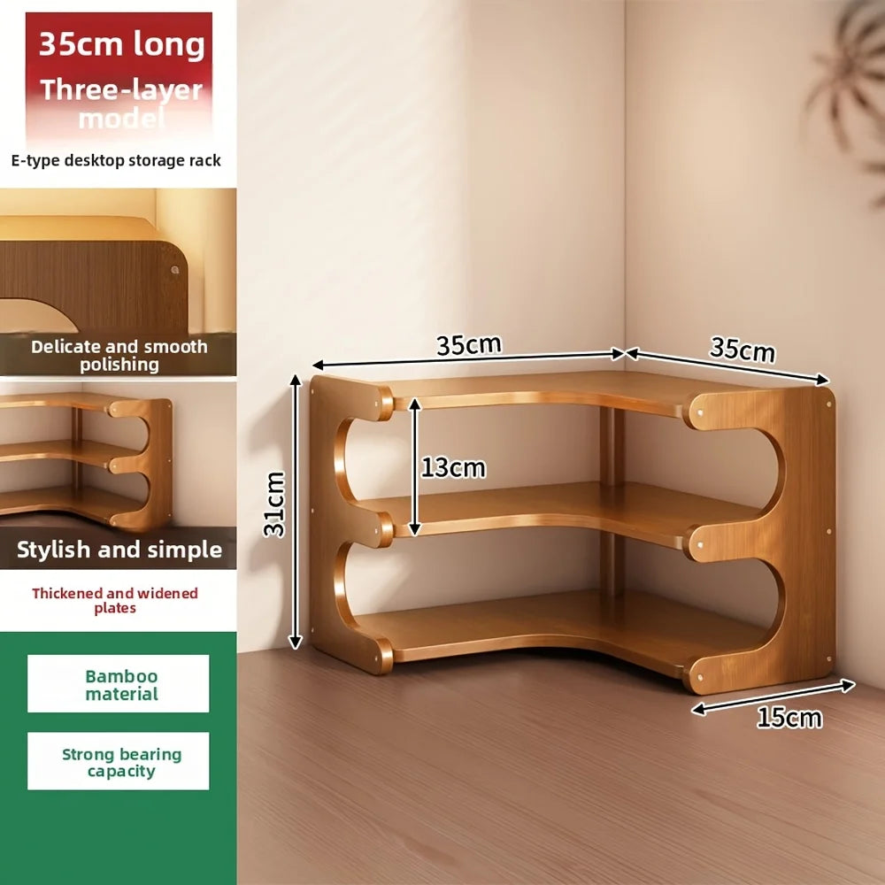 1pc multi-tier bamboo corner desk shelf - natural wood rectangular organizer for plants books & stationery