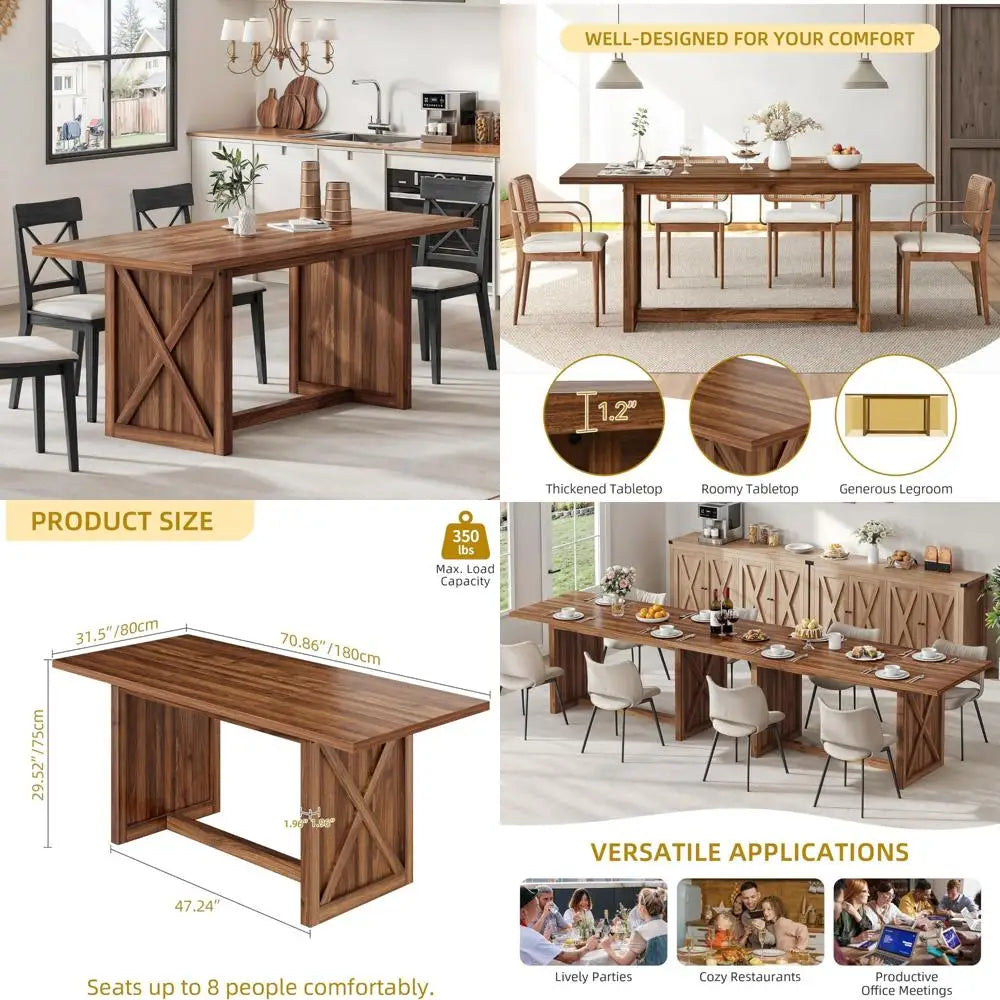 Rustic 70.8’’ rectangular farmhouse dining table seats 6-8 people wood dinner for kitchen - united states / rustic brown