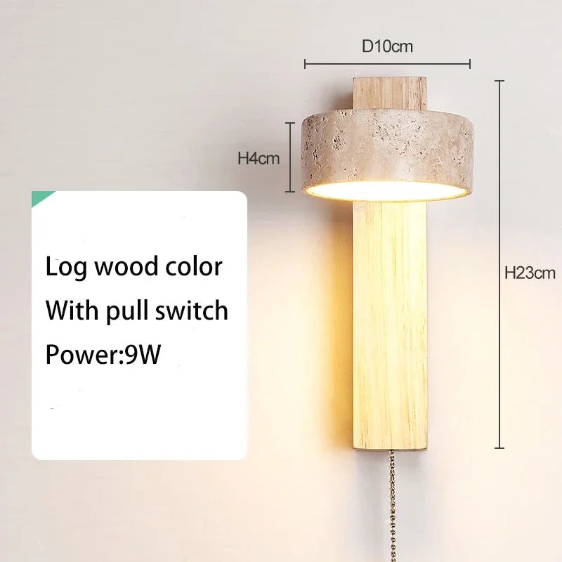 Cream style bedroom bedside wall lamp with pull switch wire rotatable led light stone homestay log wood walnut soft
