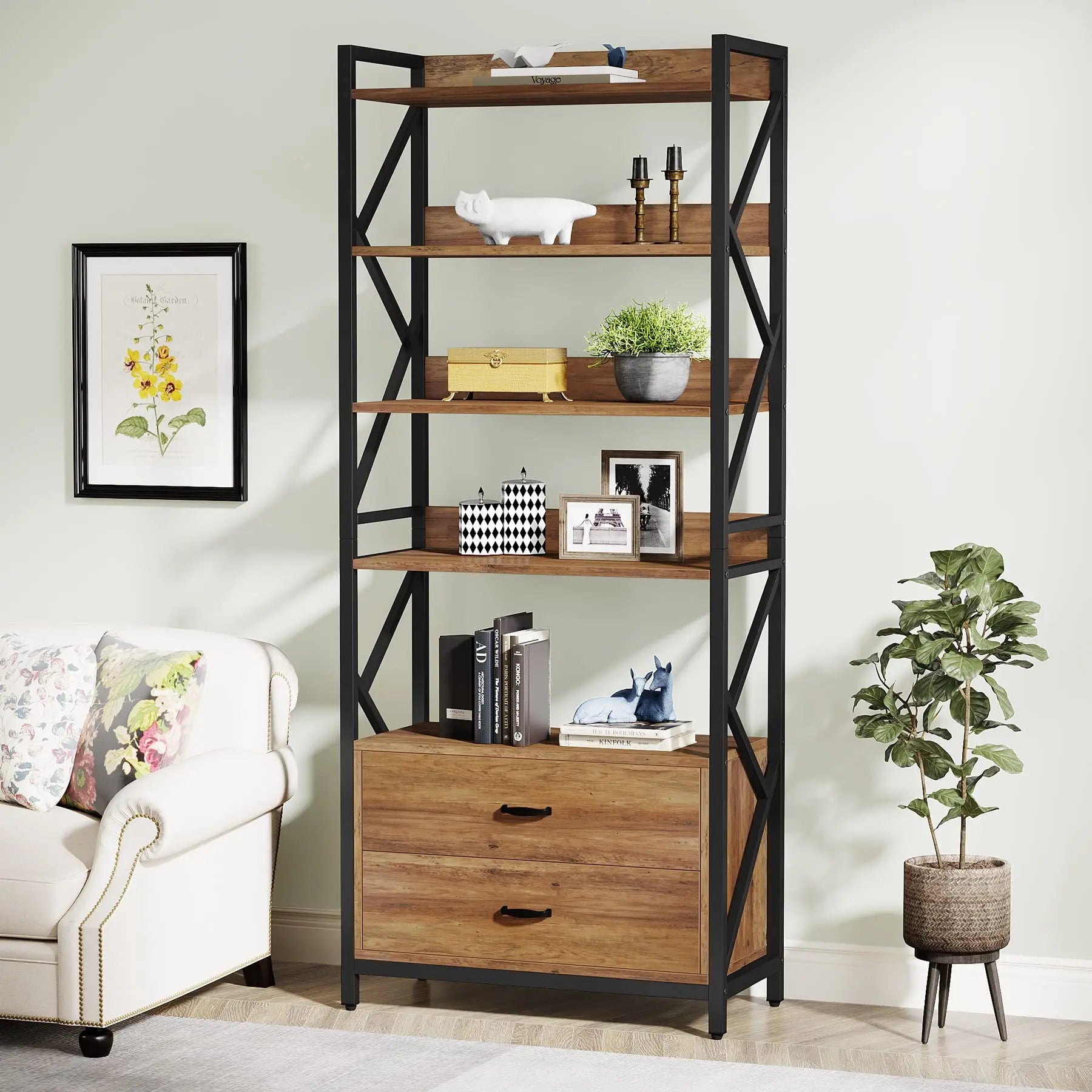 Tribesigns bookshelf with 2 drawers 70.8’’ industrial bookcase 5 shelf open for storage wood book li - coffee / united