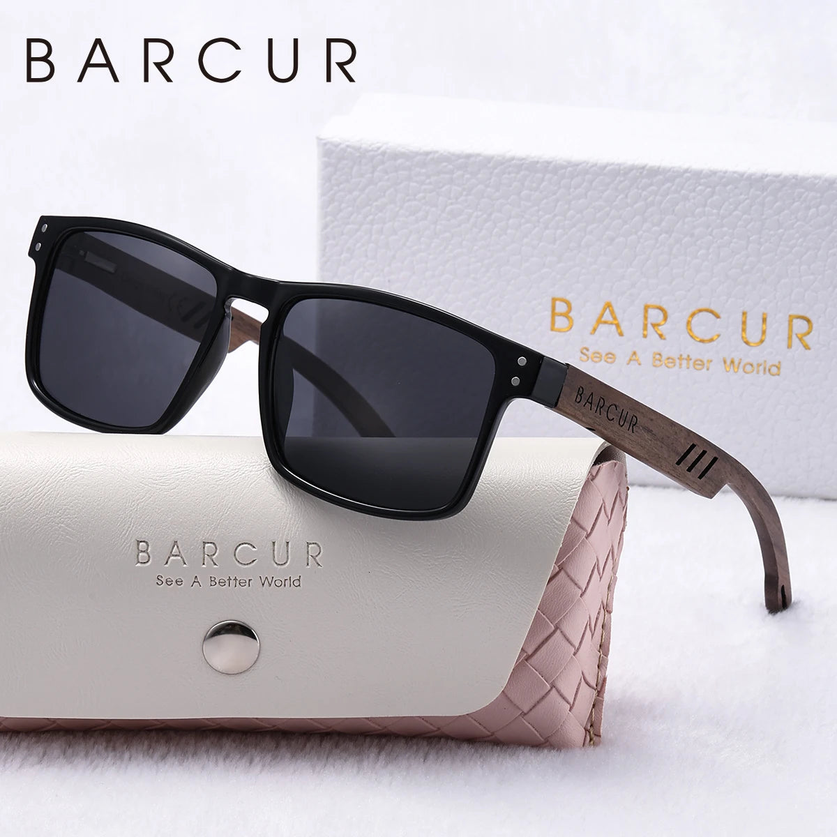 Barcur fashion double round nail polarized sunglasses walnut foot spring hinge pure natural wooden uv women - glossblack