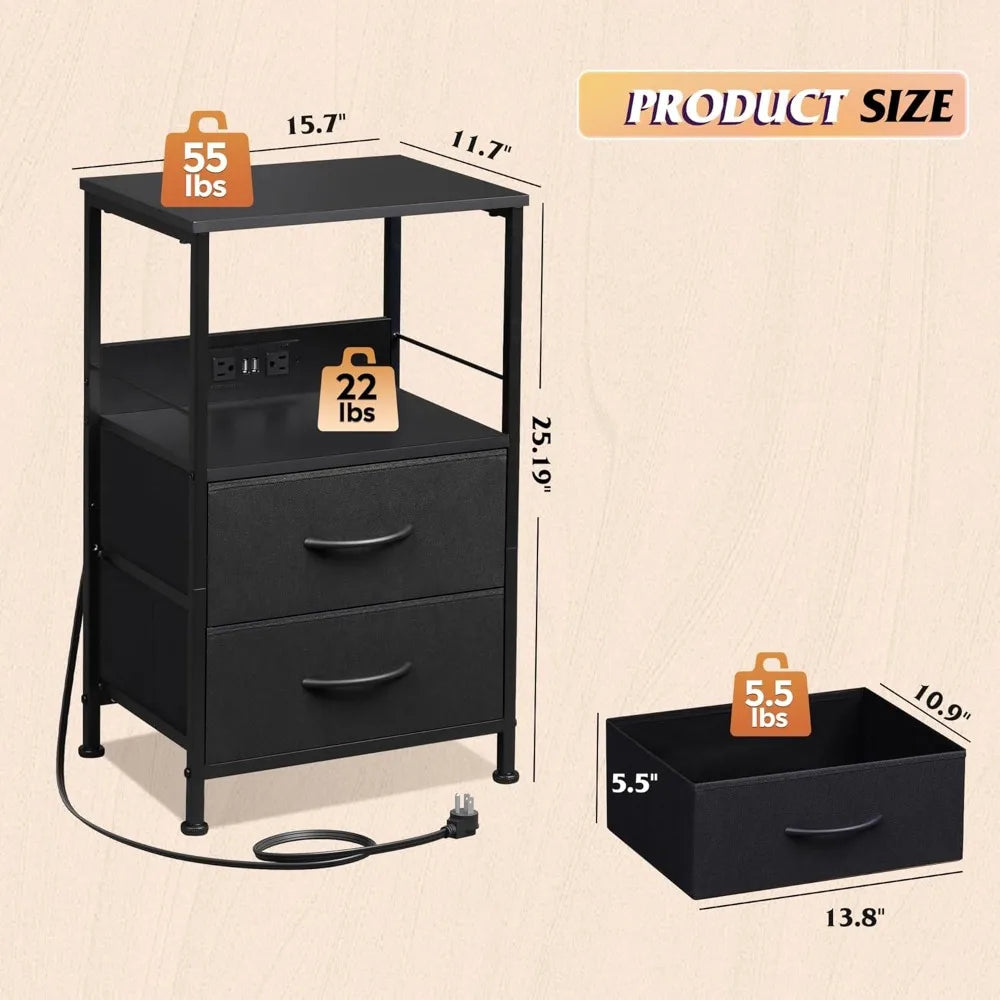 Night stand with charger station black nightstand 2 fabric drawers and storage shelf led bedside table bedroom small en