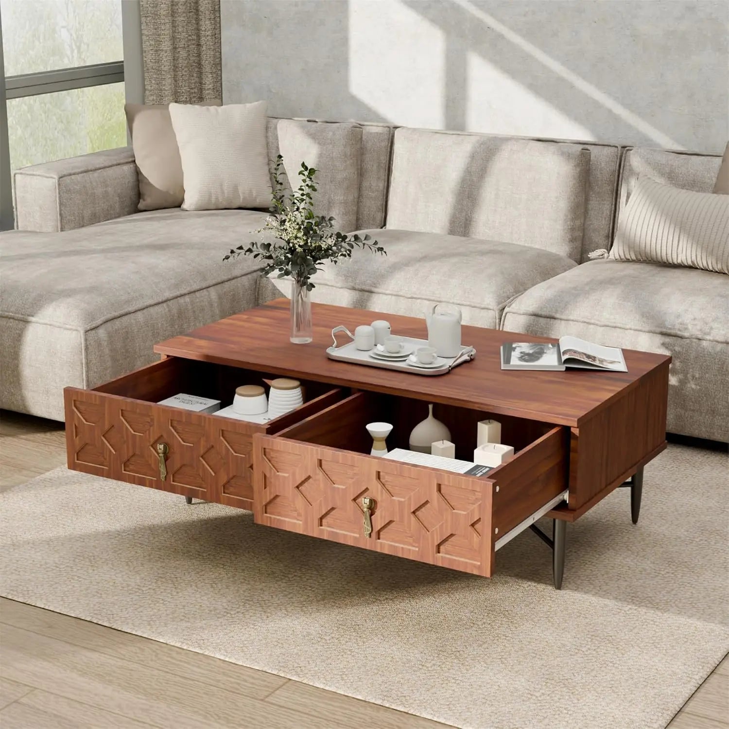 Mid century modern coffee table carved decorative center tea fluted wooden with storage for living - walnut brown